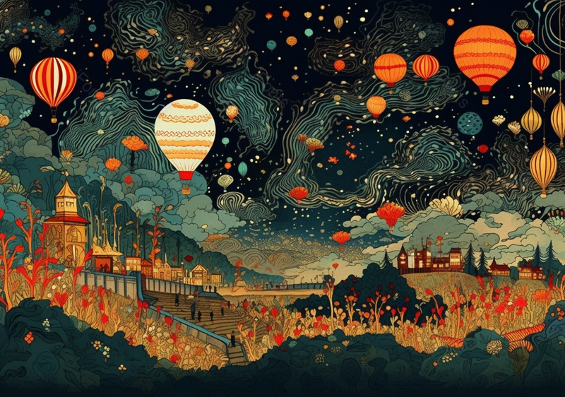 城堡城墙楼阁热气球中国风国潮古典中国传统文化背景插画,插画/手绘图,插画/手绘图库,插画/手绘图下载,插画/手绘
